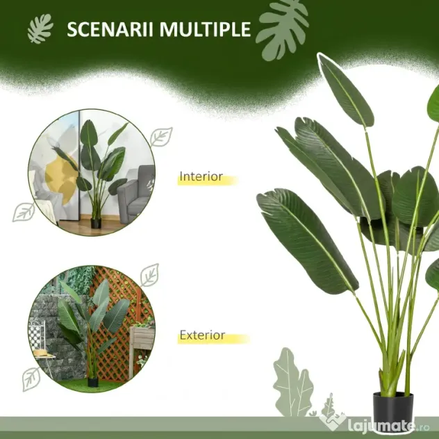 HOMCOM Bananier Artificial 160 cm cu Ghiveci și 10 Frunze Realiste, Plantă Artificială Tropicală pentru Decorațiuni Interioare și Exterioare, Verde