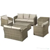 Outsunny Set de mobilier de gradina din ratan de 6 piese, canapea si 2 fotolii tapitate pentru 7 persoane, bej