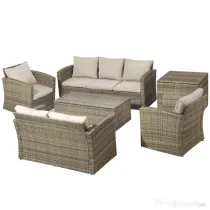 Outsunny Set de mobilier de gradina din ratan de 6 piese, canapea si 2 fotolii tapitate pentru 7 persoane, bej