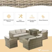 Outsunny Set de mobilier de gradina din ratan de 6 piese, canapea si 2 fotolii tapitate pentru 7 persoane, bej