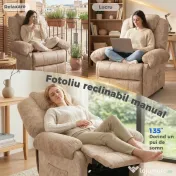 HOMCOM Fotoliu Relax Rabatabil Manual din Material Textil cu Suport pentru Picioare Extensibil și Buzunar Lateral, Bej 