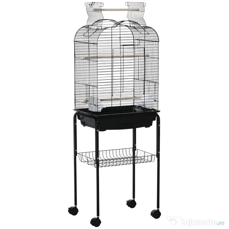 PawHut Colivie pentru Pasari cu 3 Stinghii, 2 Boluri si 2 Usi Laterale, Colivie pentru Animale din Otel, PP si Lemn, 46x36x130 cm, Neagra