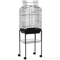 PawHut Colivie pentru Pasari cu 3 Stinghii, 2 Boluri si 2 Usi Laterale, Colivie pentru Animale din Otel, PP si Lemn, 46x36x130 cm, Neagra