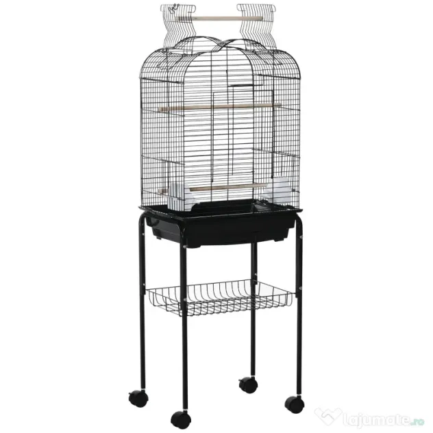 PawHut Colivie pentru Pasari cu 3 Stinghii, 2 Boluri si 2 Usi Laterale, Colivie pentru Animale din Otel, PP si Lemn, 46x36x130 cm, Neagra