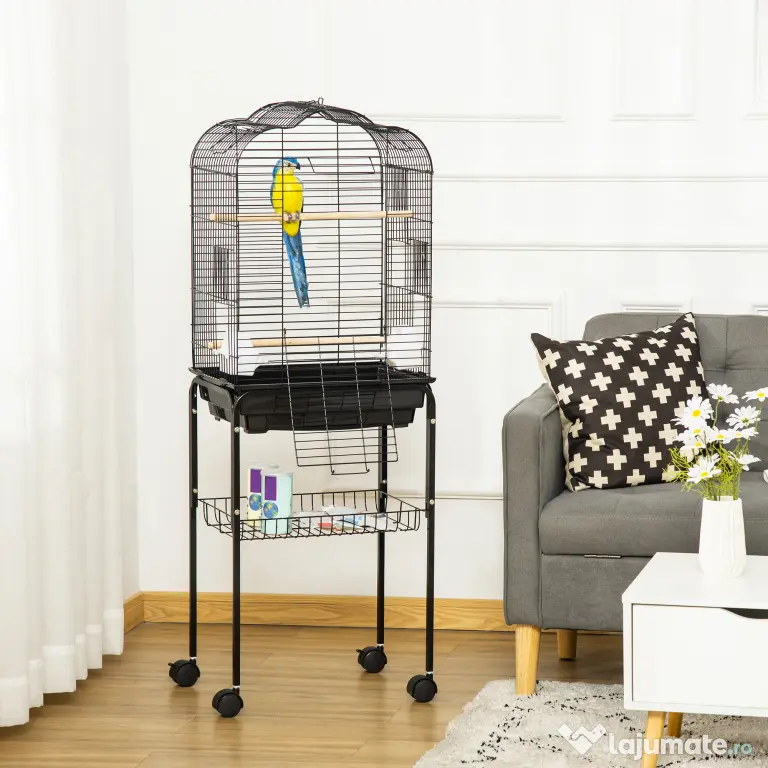 PawHut Colivie pentru Pasari cu 3 Stinghii, 2 Boluri si 2 Usi Laterale, Colivie pentru Animale din Otel, PP si Lemn, 46x36x130 cm, Neagra