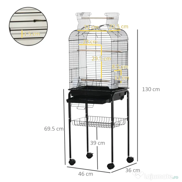 PawHut Colivie pentru Pasari cu 3 Stinghii, 2 Boluri si 2 Usi Laterale, Colivie pentru Animale din Otel, PP si Lemn, 46x36x130 cm, Neagra