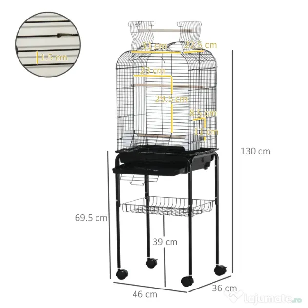 PawHut Colivie pentru Pasari cu 3 Stinghii, 2 Boluri si 2 Usi Laterale, Colivie pentru Animale din Otel, PP si Lemn, 46x36x130 cm, Neagra