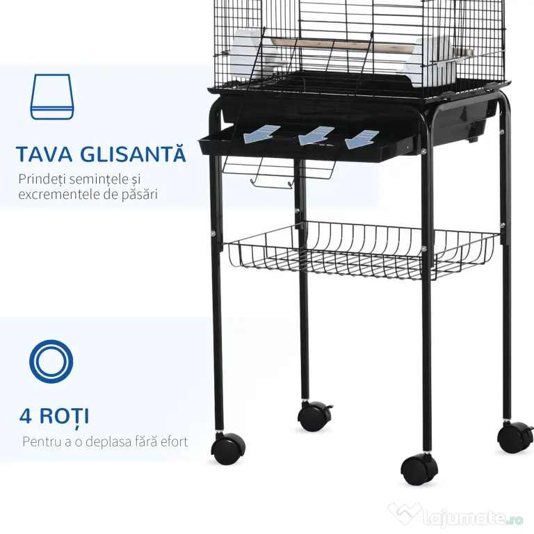 PawHut Colivie pentru Pasari cu 3 Stinghii, 2 Boluri si 2 Usi Laterale, Colivie pentru Animale din Otel, PP si Lemn, 46x36x130 cm, Neagra