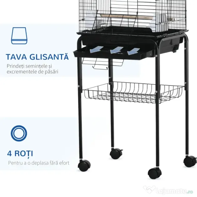 PawHut Colivie pentru Pasari cu 3 Stinghii, 2 Boluri si 2 Usi Laterale, Colivie pentru Animale din Otel, PP si Lemn, 46x36x130 cm, Neagra