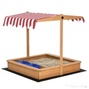 Outsunny Nisipar din Lemn pentru Copii cu Copertina Reglabila in Inaltime, 107.5x107.5x110cm 