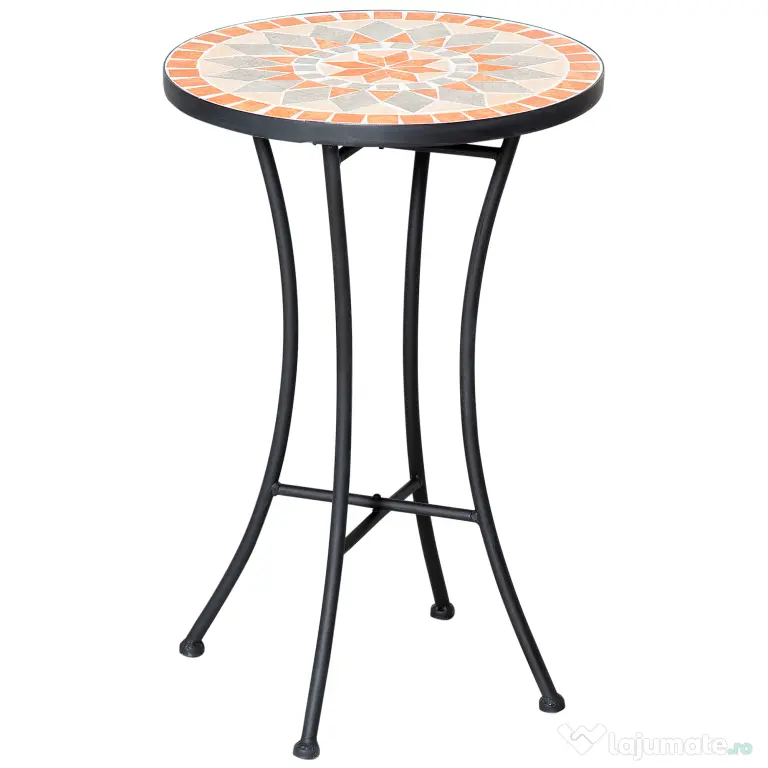 Outsunny Masă Rotundă Laterală Ø35,5cm – Masă de Patio Impermeabilă cu Design Mozaic, Măsuță din Metal pentru Living, Birou, Interior și Exterior – Galben și Gri | Aosom Romania