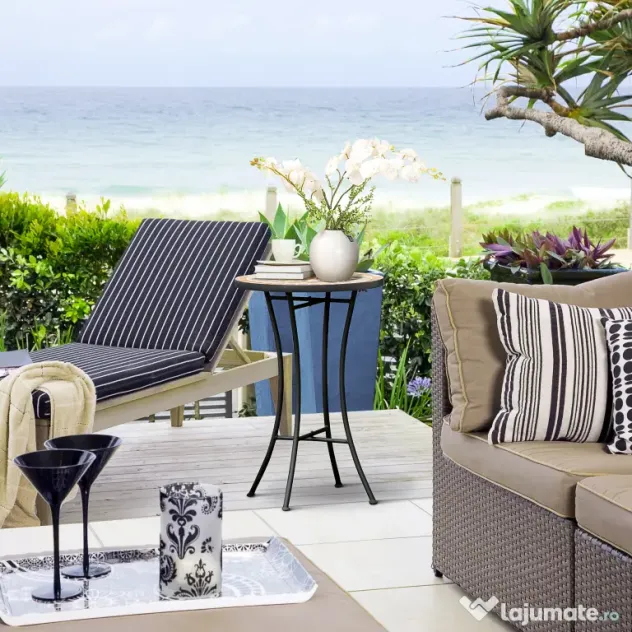 Outsunny Masă Rotundă Laterală Ø35,5cm – Masă de Patio Impermeabilă cu Design Mozaic, Măsuță din Metal pentru Living, Birou, Interior și Exterior – Galben și Gri | Aosom Romania