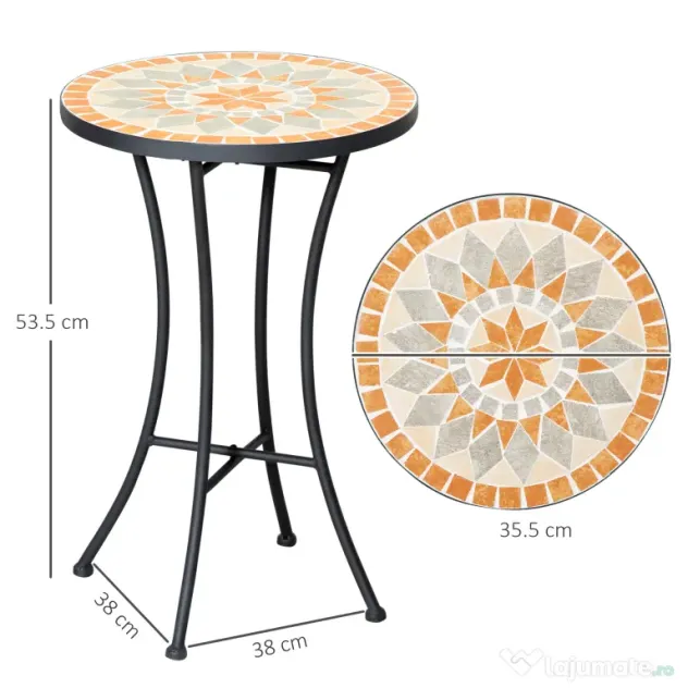 Outsunny Masă Rotundă Laterală Ø35,5cm – Masă de Patio Impermeabilă cu Design Mozaic, Măsuță din Metal pentru Living, Birou, Interior și Exterior – Galben și Gri | Aosom Romania