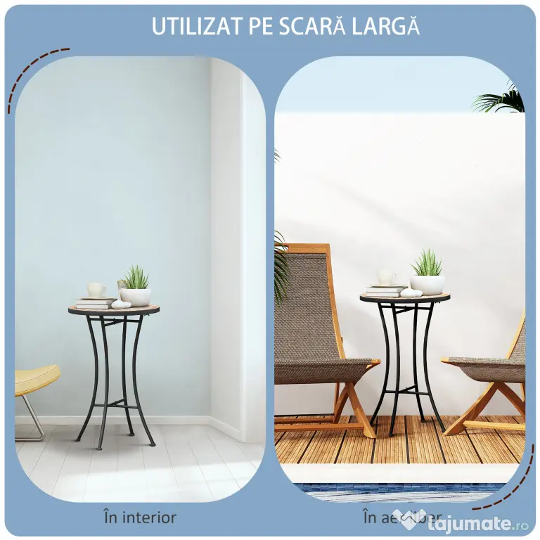 Outsunny Masă Rotundă Laterală Ø35,5cm – Masă de Patio Impermeabilă cu Design Mozaic, Măsuță din Metal pentru Living, Birou, Interior și Exterior – Galben și Gri | Aosom Romania