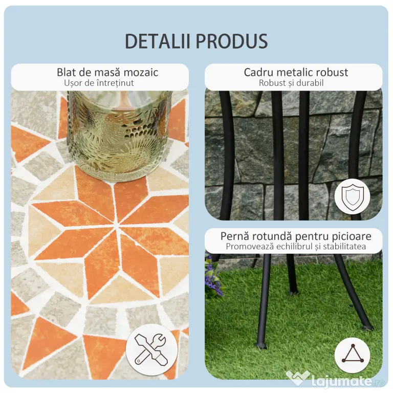 Outsunny Masă Rotundă Laterală Ø35,5cm – Masă de Patio Impermeabilă cu Design Mozaic, Măsuță din Metal pentru Living, Birou, Interior și Exterior – Galben și Gri | Aosom Romania