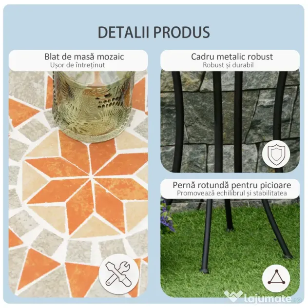 Outsunny Masă Rotundă Laterală Ø35,5cm – Masă de Patio Impermeabilă cu Design Mozaic, Măsuță din Metal pentru Living, Birou, Interior și Exterior – Galben și Gri | Aosom Romania