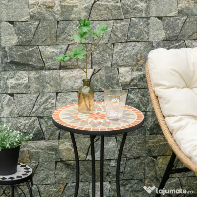 Outsunny Masă Rotundă Laterală Ø35,5cm – Masă de Patio Impermeabilă cu Design Mozaic, Măsuță din Metal pentru Living, Birou, Interior și Exterior – Galben și Gri | Aosom Romania