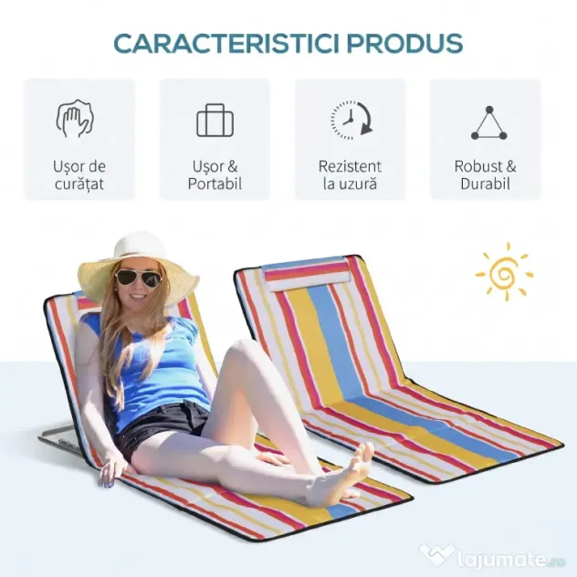 Outsunny Set 2 Șezlonguri de Plajă cu Spătar Reglabil pe 5 Niveluri, Tetieră și Geantă de Transport, 124x53x35-45 cm, Multicolor | Aosom Romania