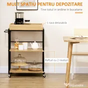 HOMCOM Cărucior Bucătărie cu 3 Rafturi, Tavă Detașabilă, Roți, 65x40x86cm, Lemn și Negru | Aosom Romania 