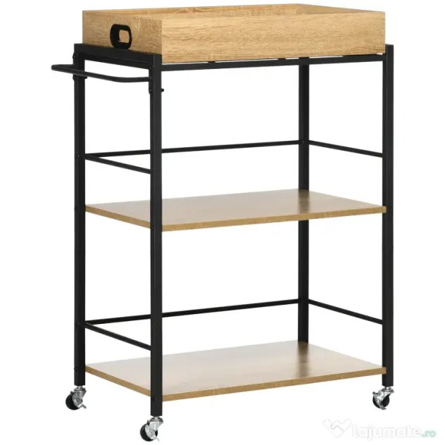 HOMCOM Carucior de bucatarie cu 3 rafturi si tava detasabila e roti mobile, carucior de bucatarie in stil industrial 65x40x86cm, lemn si negru