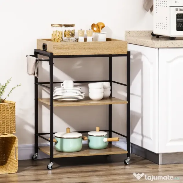 HOMCOM Carucior de bucatarie cu 3 rafturi si tava detasabila e roti mobile, carucior de bucatarie in stil industrial 65x40x86cm, lemn si negru