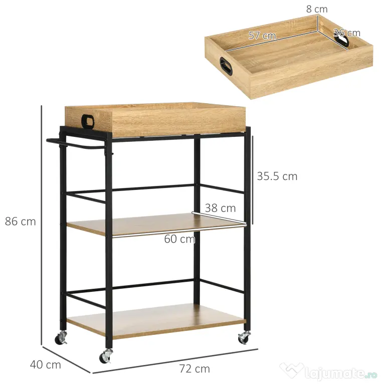HOMCOM Carucior de bucatarie cu 3 rafturi si tava detasabila e roti mobile, carucior de bucatarie in stil industrial 65x40x86cm, lemn si negru