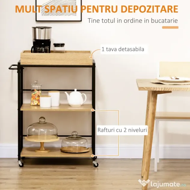 HOMCOM Carucior de bucatarie cu 3 rafturi si tava detasabila e roti mobile, carucior de bucatarie in stil industrial 65x40x86cm, lemn si negru
