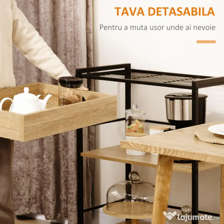 HOMCOM Carucior de bucatarie cu 3 rafturi si tava detasabila e roti mobile, carucior de bucatarie in stil industrial 65x40x86cm, lemn si negru