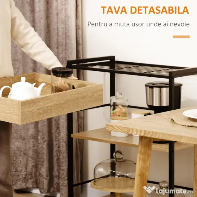 HOMCOM Carucior de bucatarie cu 3 rafturi si tava detasabila e roti mobile, carucior de bucatarie in stil industrial 65x40x86cm, lemn si negru