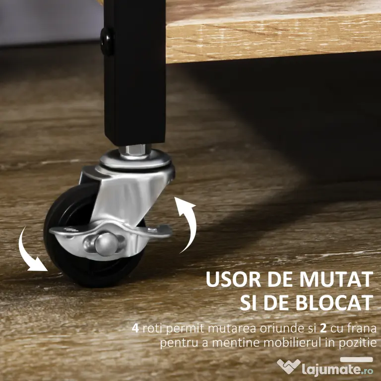 HOMCOM Carucior de bucatarie cu 3 rafturi si tava detasabila e roti mobile, carucior de bucatarie in stil industrial 65x40x86cm, lemn si negru