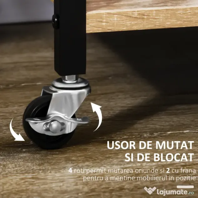 HOMCOM Carucior de bucatarie cu 3 rafturi si tava detasabila e roti mobile, carucior de bucatarie in stil industrial 65x40x86cm, lemn si negru