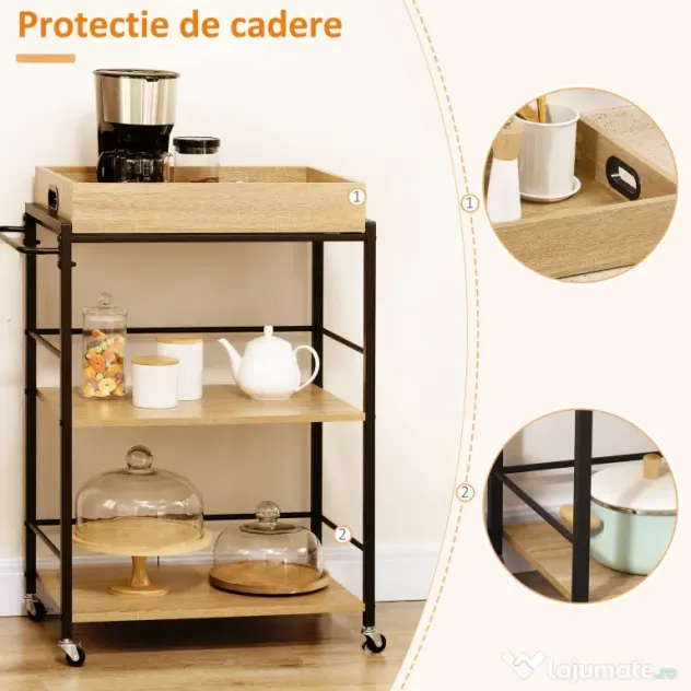 HOMCOM Carucior de bucatarie cu 3 rafturi si tava detasabila e roti mobile, carucior de bucatarie in stil industrial 65x40x86cm, lemn si negru