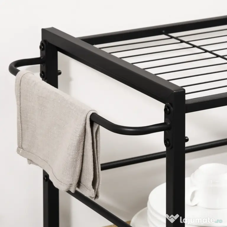 HOMCOM Carucior de bucatarie cu 3 rafturi si tava detasabila e roti mobile, carucior de bucatarie in stil industrial 65x40x86cm, lemn si negru