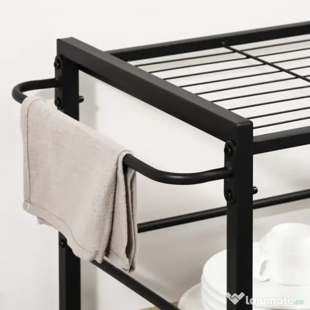 HOMCOM Carucior de bucatarie cu 3 rafturi si tava detasabila e roti mobile, carucior de bucatarie in stil industrial 65x40x86cm, lemn si negru