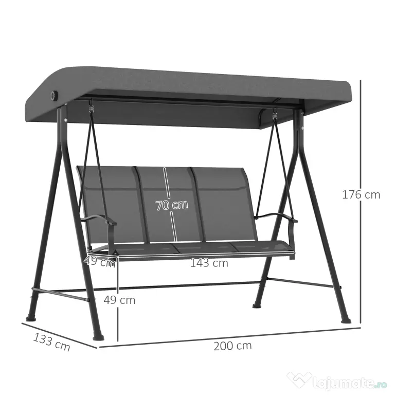 Outsunny Balansoar de Grădină cu 3 Locuri, Copertină Reglabilă și Picioare Anti-alunecare, 195x118x170 cm, Gri Închis | Aosom Romania