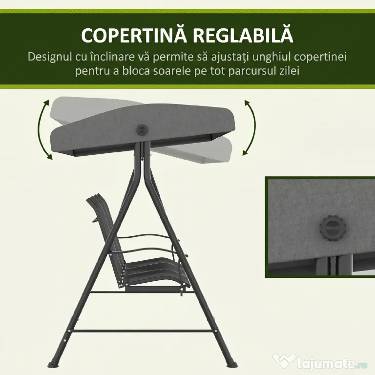 Outsunny Balansoar de Grădină cu 3 Locuri, Copertină Reglabilă și Picioare Anti-alunecare, 195x118x170 cm, Gri Închis | Aosom Romania