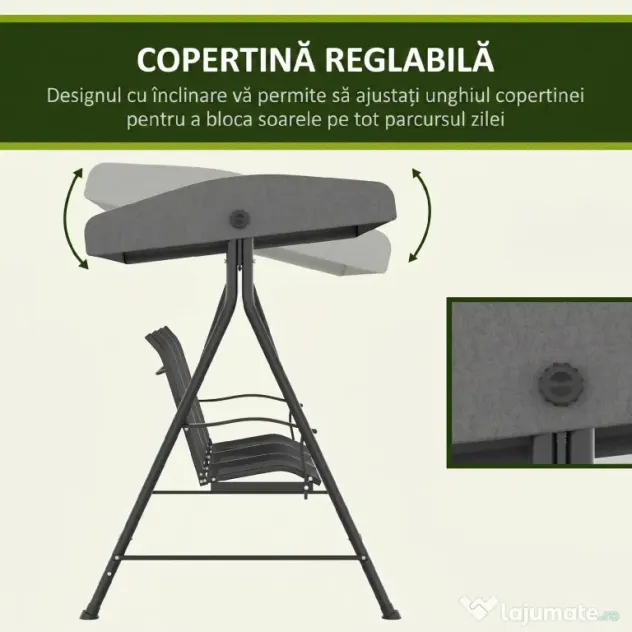 Outsunny Balansoar de Grădină cu 3 Locuri, Copertină Reglabilă și Picioare Anti-alunecare, 195x118x170 cm, Gri Închis | Aosom Romania