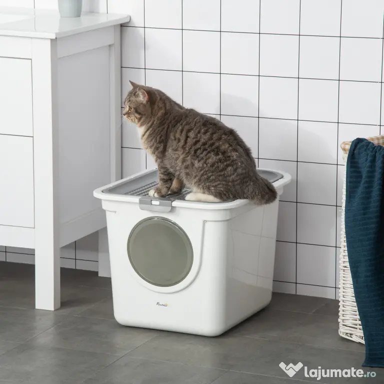 PawHut Litieră Închisă pentru Pisici cu 2 Intrări, cu Tavă și Lopățică, Litieră Acoperită din Plastic, 44x55x39 cm, Alb | Aosom Romania