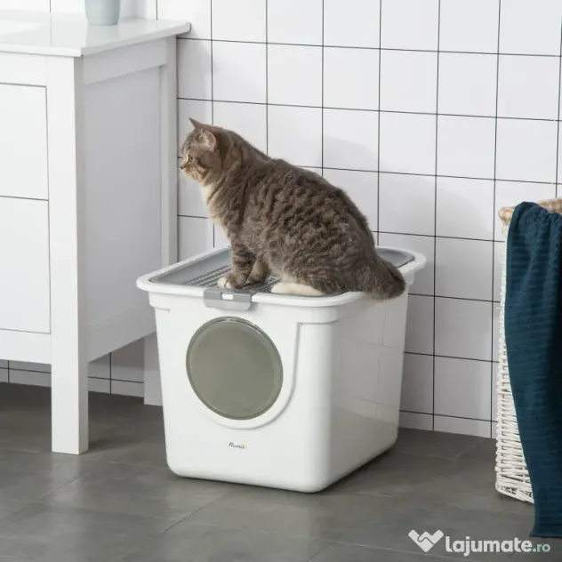 PawHut Litieră Închisă pentru Pisici cu 2 Intrări, cu Tavă și Lopățică, Litieră Acoperită din Plastic, 44x55x39 cm, Alb | Aosom Romania