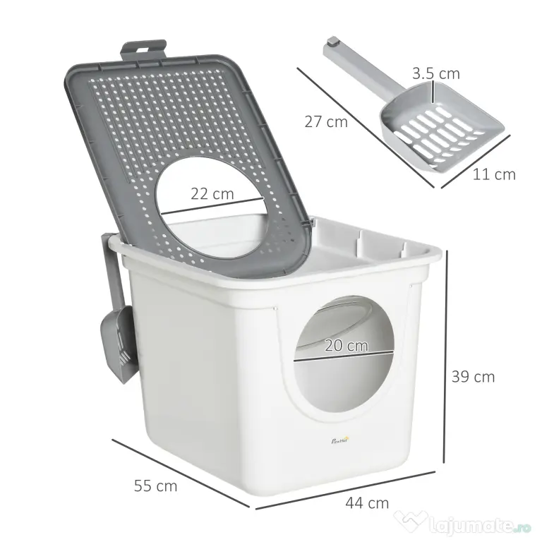 PawHut Litieră Închisă pentru Pisici cu 2 Intrări, cu Tavă și Lopățică, Litieră Acoperită din Plastic, 44x55x39 cm, Alb | Aosom Romania