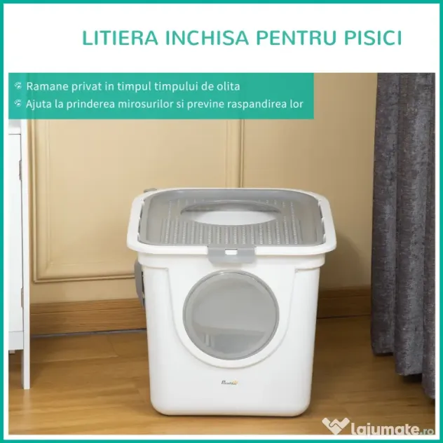 PawHut Litieră Închisă pentru Pisici cu 2 Intrări, cu Tavă și Lopățică, Litieră Acoperită din Plastic, 44x55x39 cm, Alb | Aosom Romania
