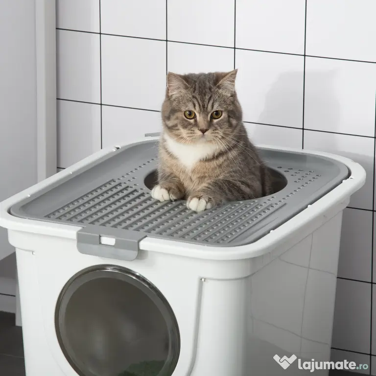 PawHut Litieră Închisă pentru Pisici cu 2 Intrări, cu Tavă și Lopățică, Litieră Acoperită din Plastic, 44x55x39 cm, Alb | Aosom Romania