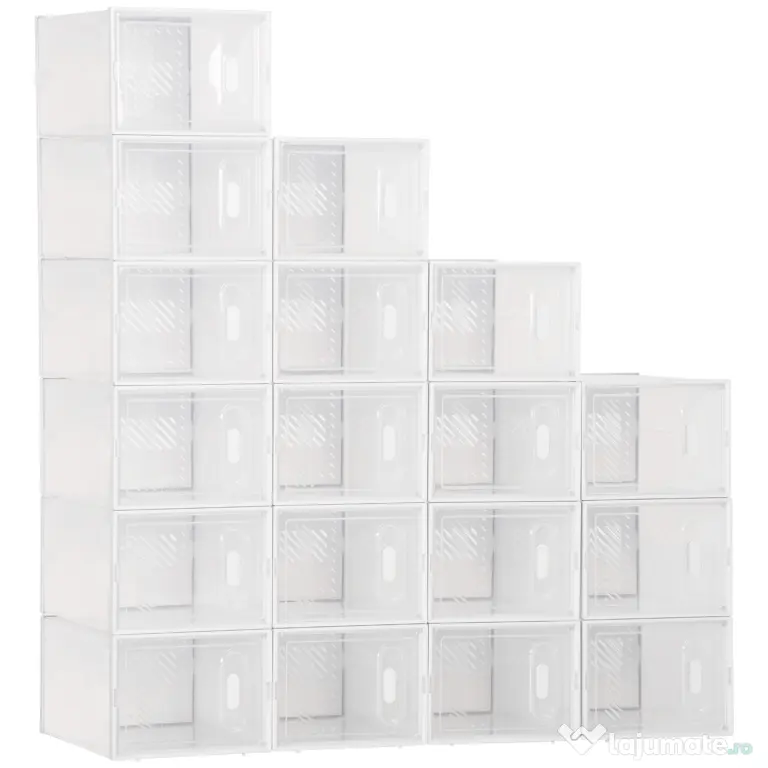 HOMCOM Dulap Dreptunghiular pentru Încălțăminte, Economisire Spațiu, 18 Cutii Transparente din Plastic PP, 25x35x19 cm | Aosom Romania