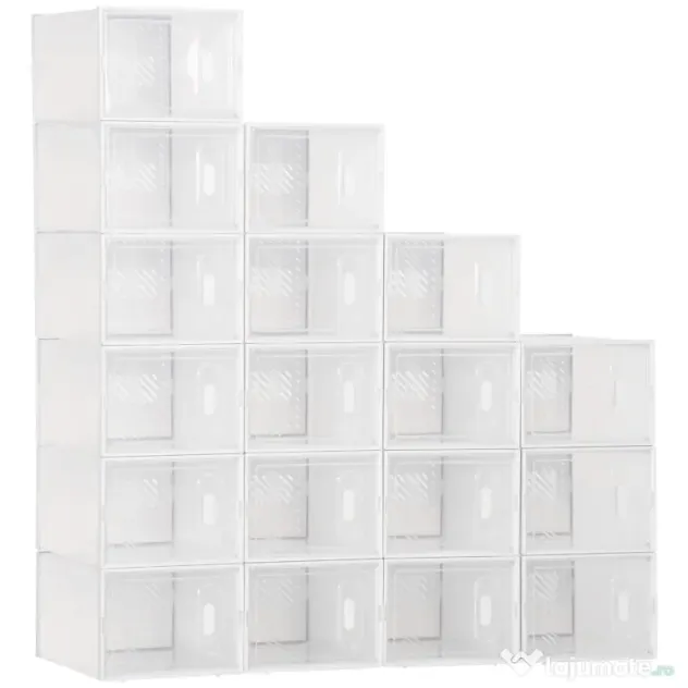 HOMCOM Dulap Dreptunghiular pentru Încălțăminte, Economisire Spațiu, 18 Cutii Transparente din Plastic PP, 25x35x19 cm | Aosom Romania