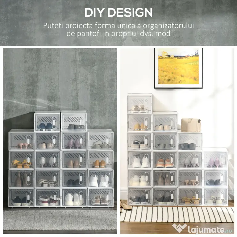 HOMCOM Dulap Dreptunghiular pentru Încălțăminte, Economisire Spațiu, 18 Cutii Transparente din Plastic PP, 25x35x19 cm | Aosom Romania