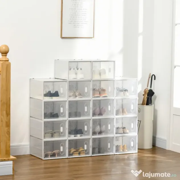 HOMCOM Dulap pentru pantofi modular cu orificii de ventilatie, 18 cuburi 28x36x21cm din plastic PP, alb si transparent | Aosom Romania