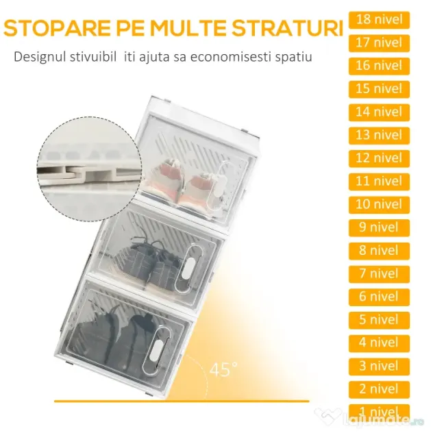HOMCOM Dulap pentru pantofi modular cu orificii de ventilatie, 18 cuburi 28x36x21cm din plastic PP, alb si transparent | Aosom Romania