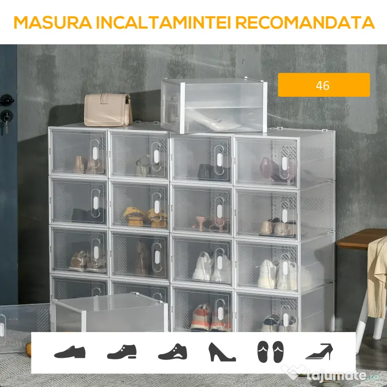 HOMCOM Dulap pentru pantofi modular cu orificii de ventilatie, 18 cuburi 28x36x21cm din plastic PP, alb si transparent | Aosom Romania