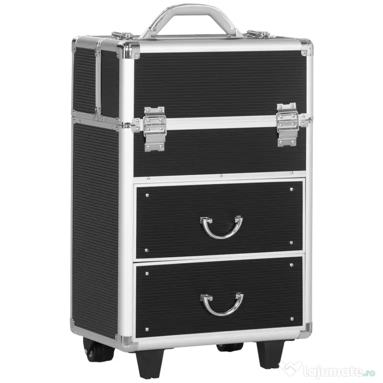 HOMCOM Valiză Profesională pentru Machiaj, Aluminiu și Oțel Armat, cu Încuietoare și Roti, Negru 36x23x58cm | Aosom Romania