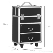 HOMCOM Valiză Profesională pentru Machiaj, Aluminiu și Oțel Armat, cu Încuietoare și Roti, Negru 36x23x58cm | Aosom Romania